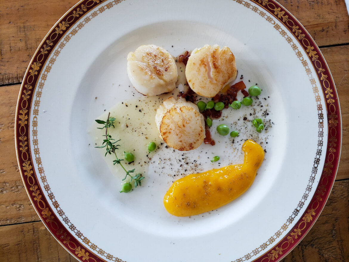 A plate with scallops and mango on it.