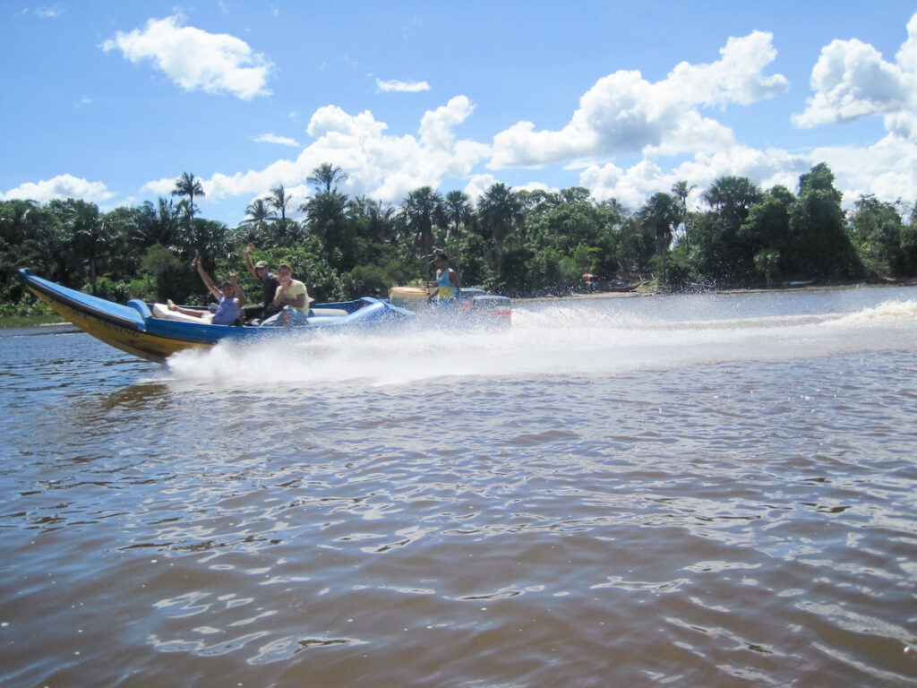 A body of water with trees and bushes in the background.