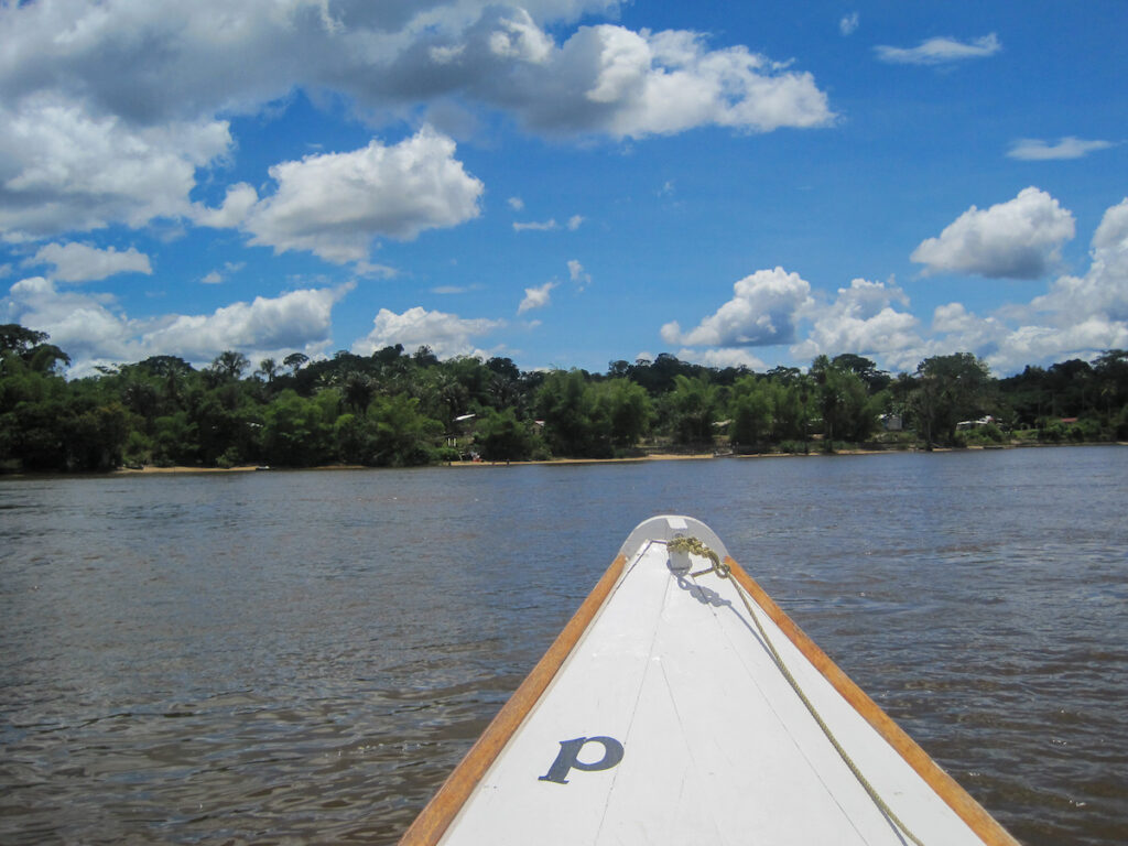 A boat traveling down the river with trees in the background.