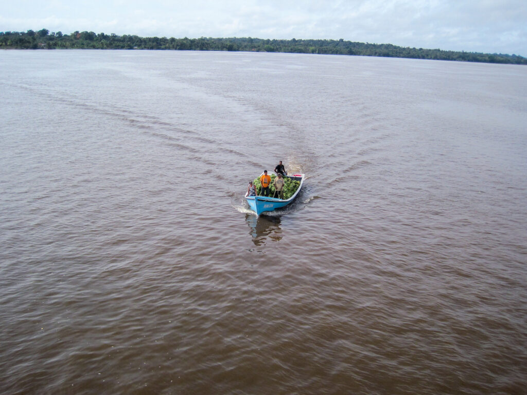 A man and woman in a small boat on the water.