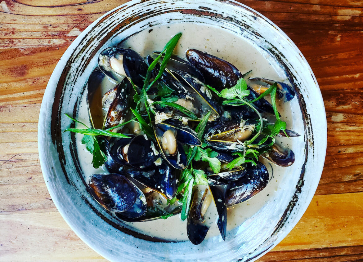 A bowl of mussels with herbs on top.