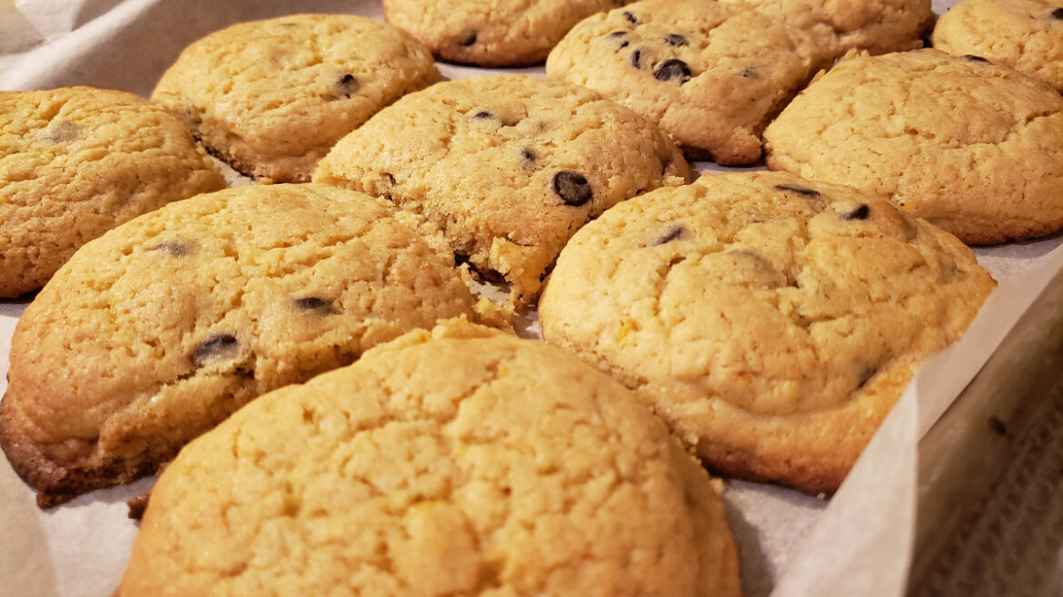 A close up of chocolate chip cookies on a plate