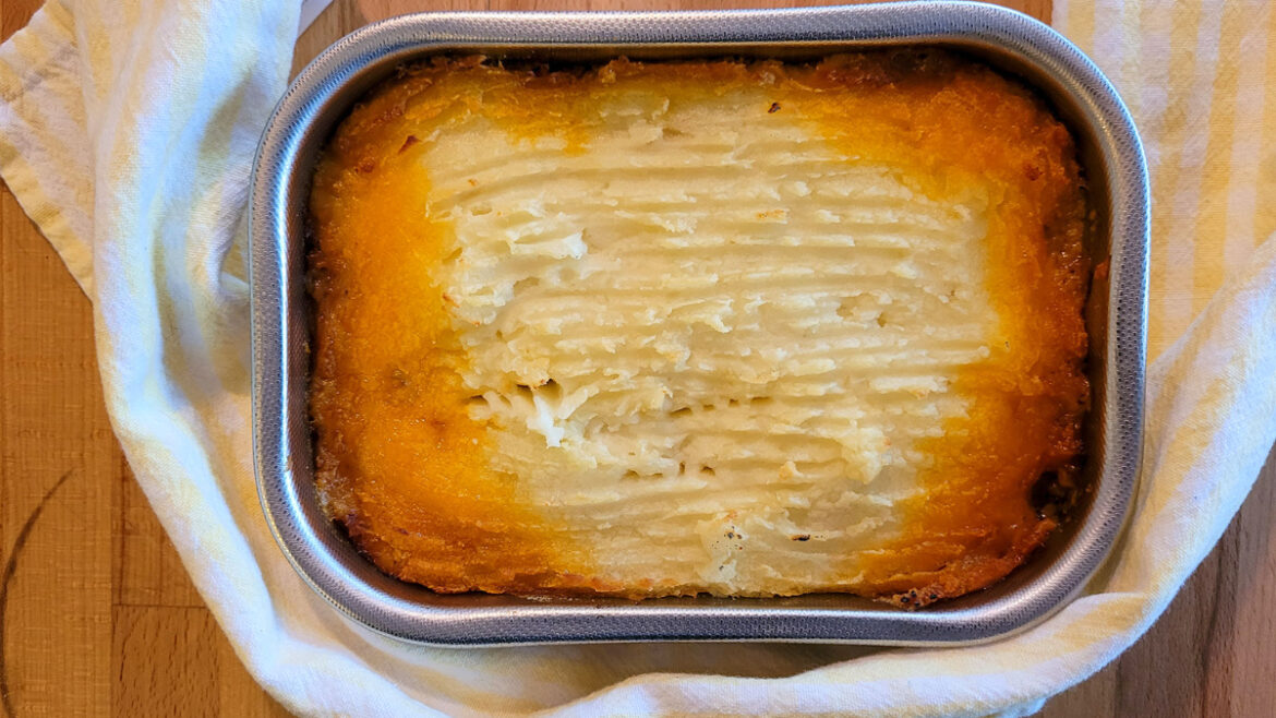 A casserole dish of cottage pie.