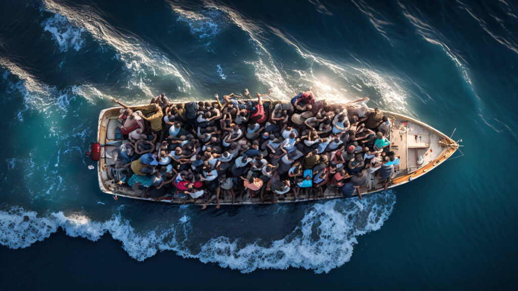 A boat full of people is in the water.