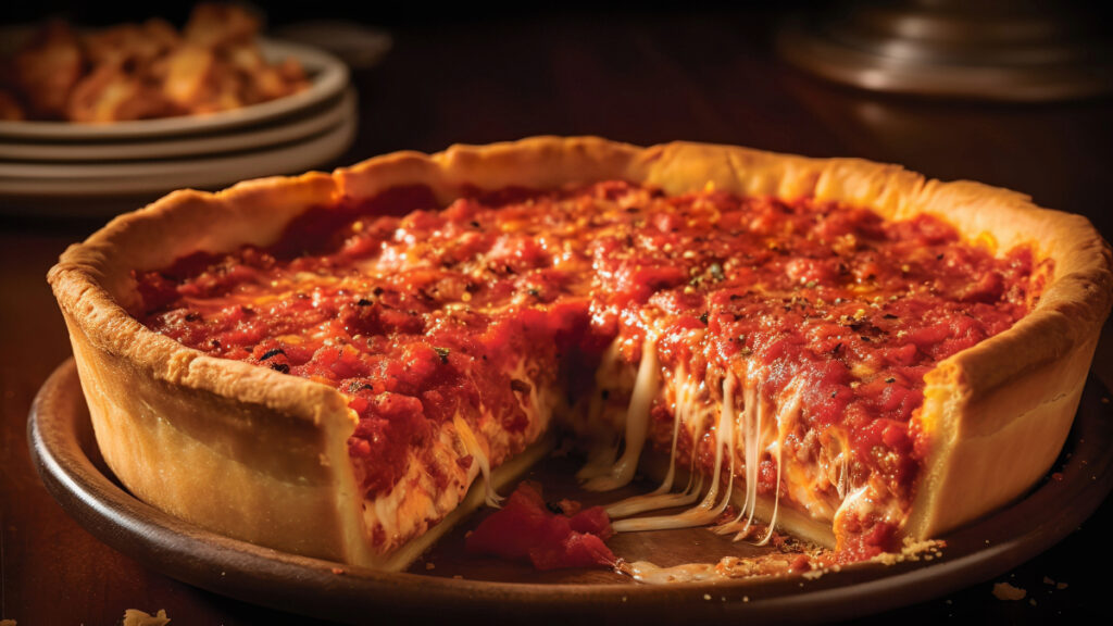 A deep dish pizza with cheese and sauce.