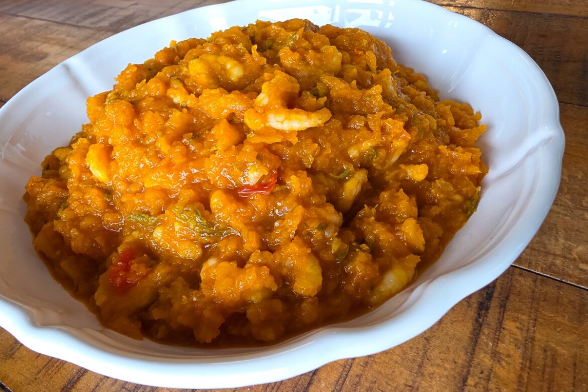 savoury pumpkin and shrimps in a white bowl